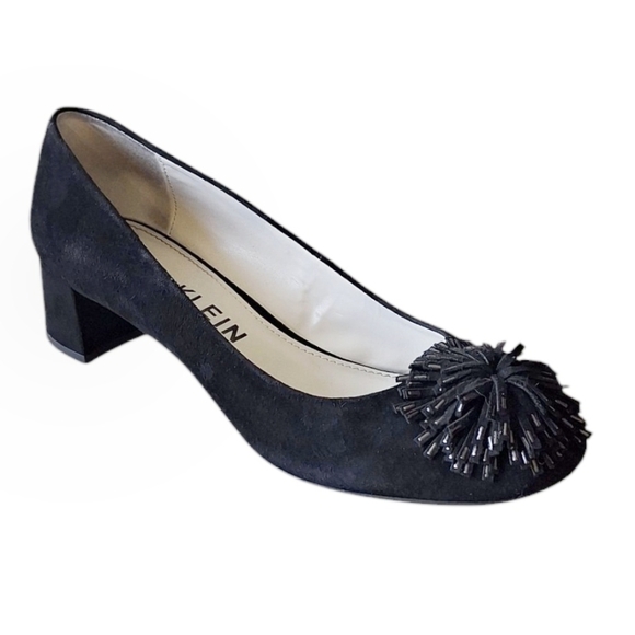 Anne Klein Happy Black Suede Pon-Pon Heels Business Casual Dressy Going Out 8.5 - Picture 1 of 7